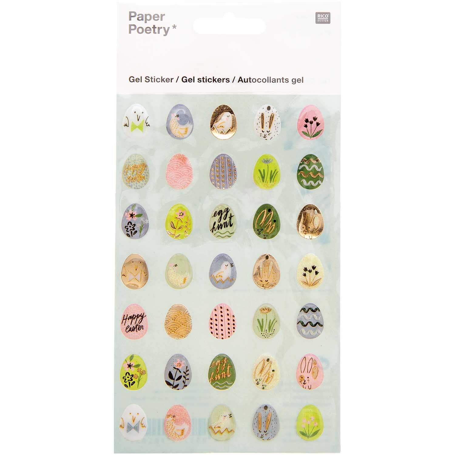 Paper Poetry Gelsticker Bunny Hop Ostereier von Rico Design zeigen bunte Ostereier mit verschiedenen Mustern auf einem hellen Hintergrund.