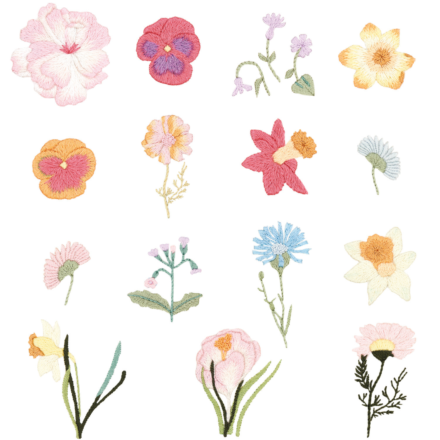 Stick and Stitch Stickpackung Frühlingsblumen vorgezeichnet, 15 Stück, bunte Blumenmotive von Rico Design auf weißem Hintergrund.