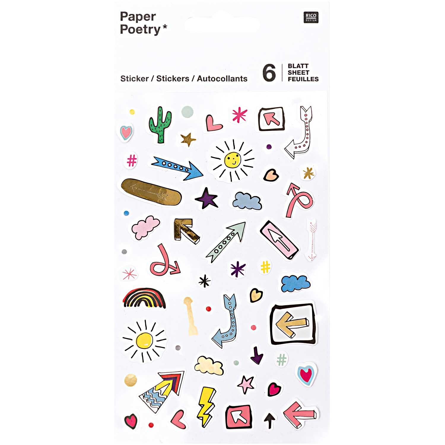 Paper Poetry Sticker Pfeile 6 Blatt von Rico Design zeigt bunte Pfeile, Herzen und Sterne. Ideal für kreative Projekte und Dekorationen.