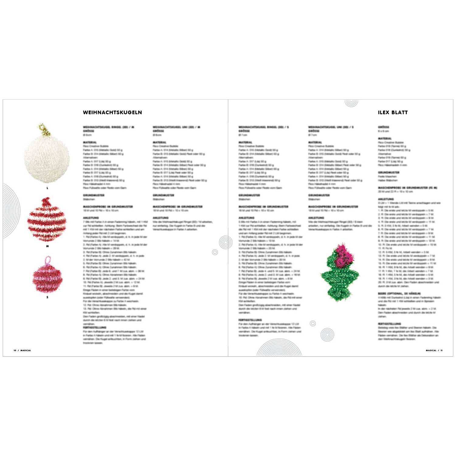 Creative Bubble - Magical X-MAS: Katalogseite mit Anleitungen für Weihnachtskugeln und Ilex-Blatt von Rico Design.