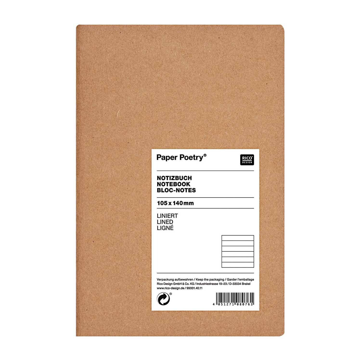 Paper Poetry Notizbuch A6 mit Kraftpapierumschlag, liniert, von Rico Design, auf weißem Hintergrund.