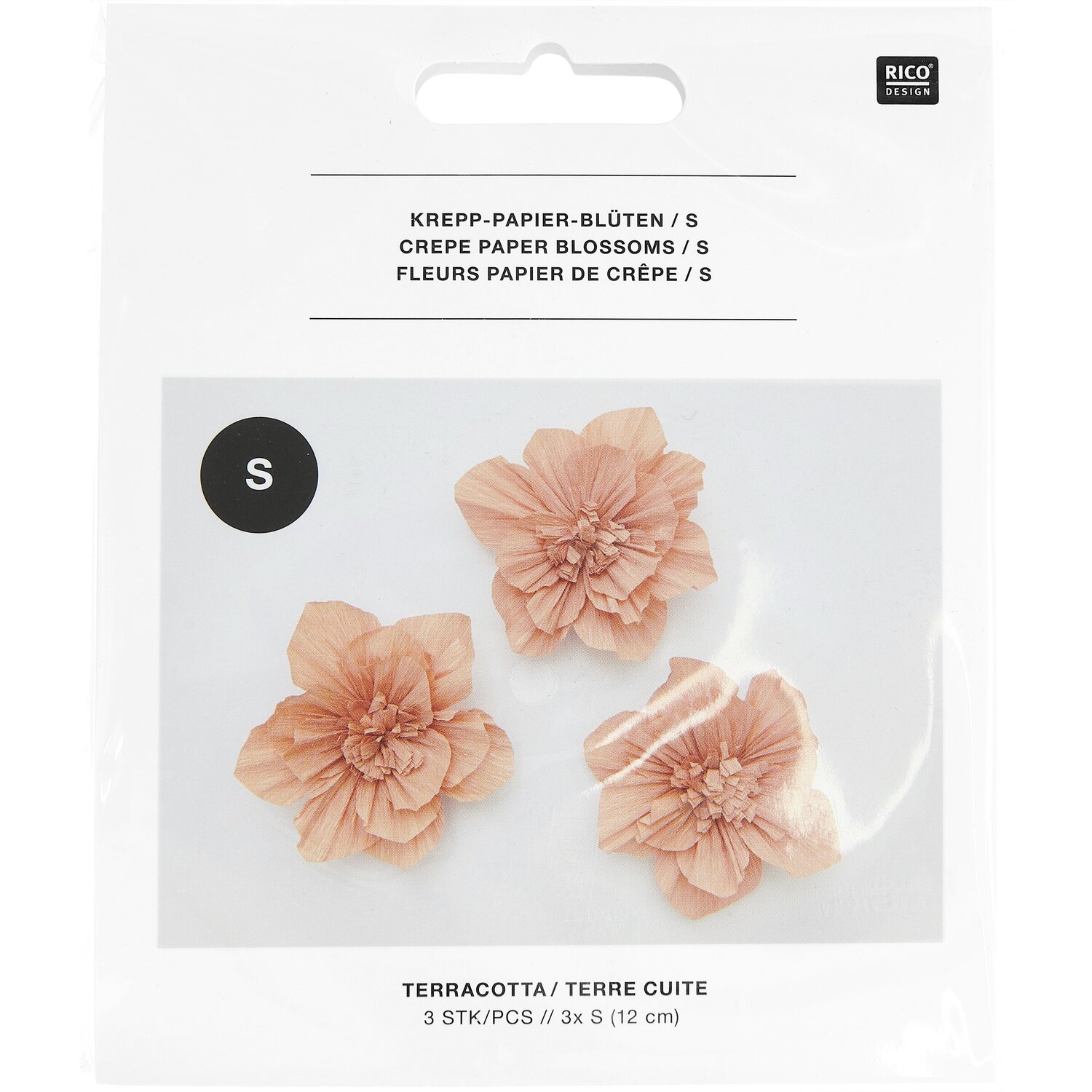 Krepppapier Blüten Ø12cm 3 Stück Farbe Terracotta von Rico Design Krepppapier Blüten in Terracotta von Rico Design, drei Stück mit einem Durchmesser von 12 cm, dekorativ verpackt.