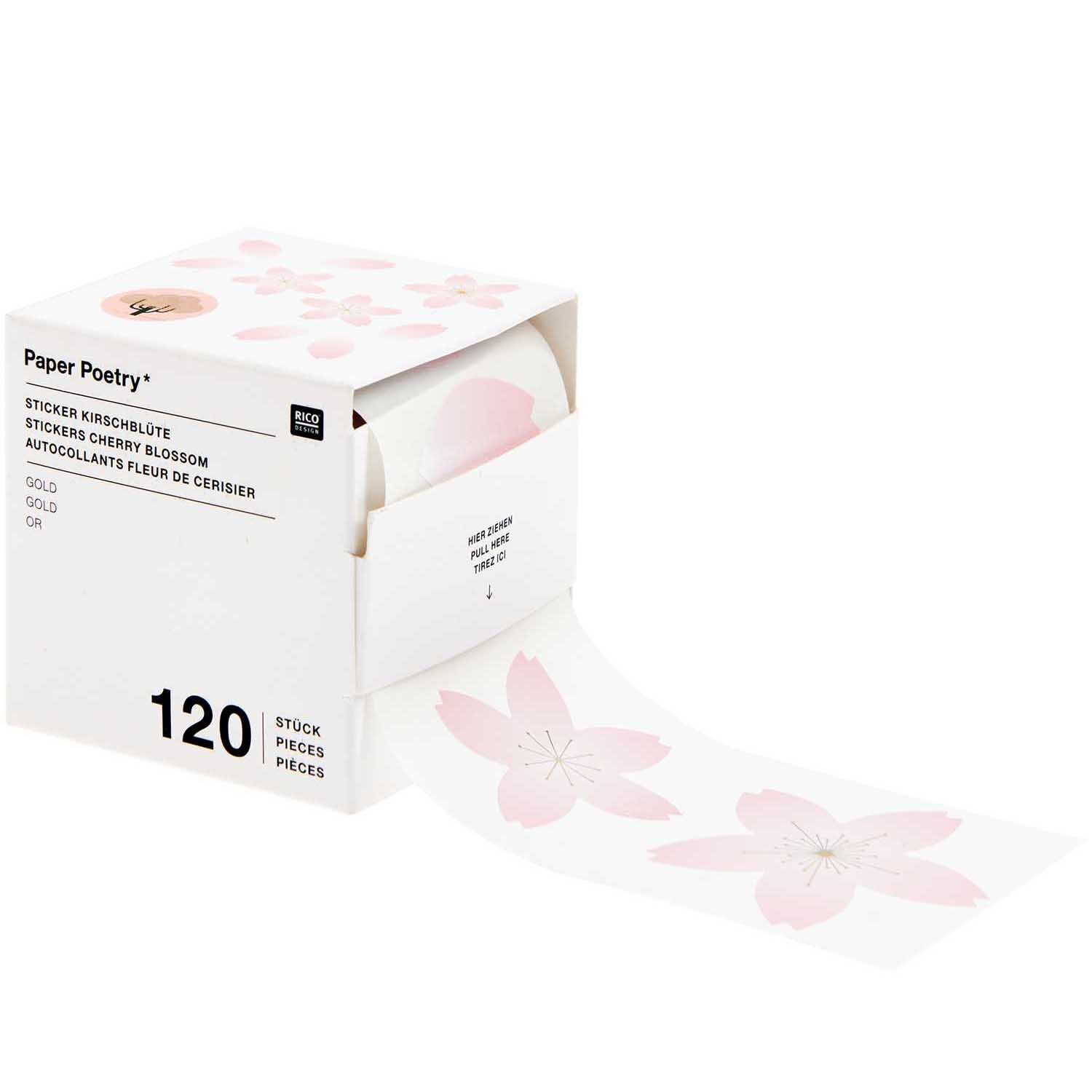 Paper Poetry Sticker Blütenblätter, 120 Stück auf Rolle, zeigen zarte Kirschblüten in Rosa. Ideal für kreative Projekte. Marke: Rico Design.