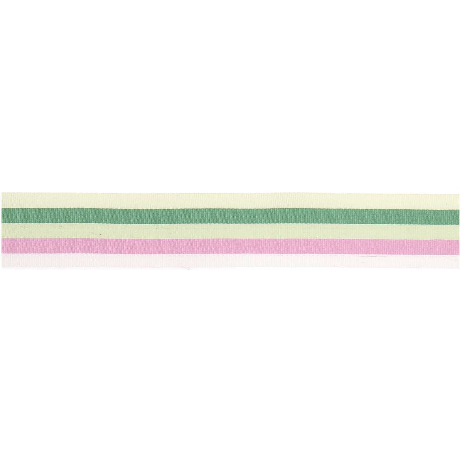 Webband Multi Streifen Rosa/Grün/Gelb, 25mmx3m, von Rico Design. Buntes Band mit Streifenmuster.