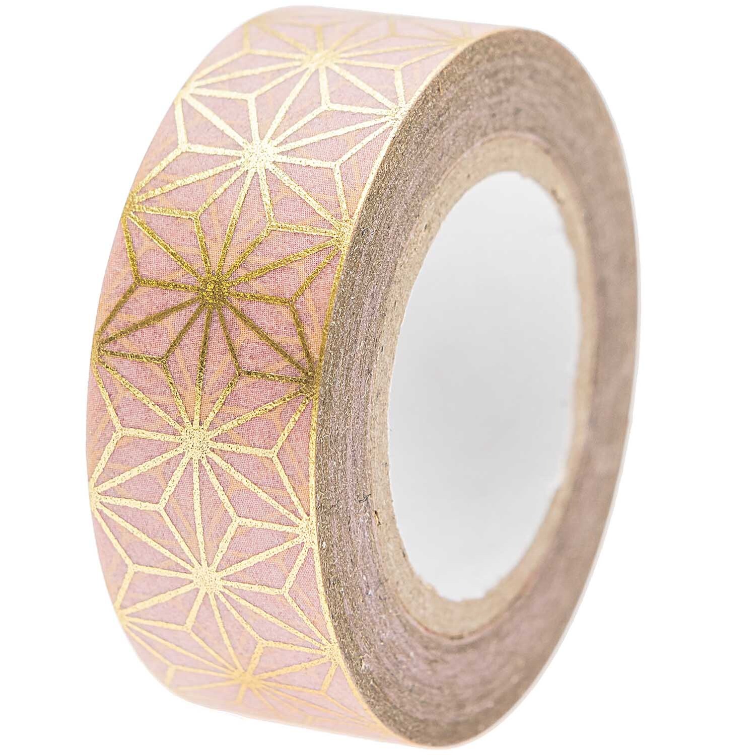 Paper Poetry Tape Jardin Japonais mit goldenen geometrischen Mustern auf rosa Hintergrund, 1,5 cm breit, 10 m lang. Ideal für kreative Projekte.