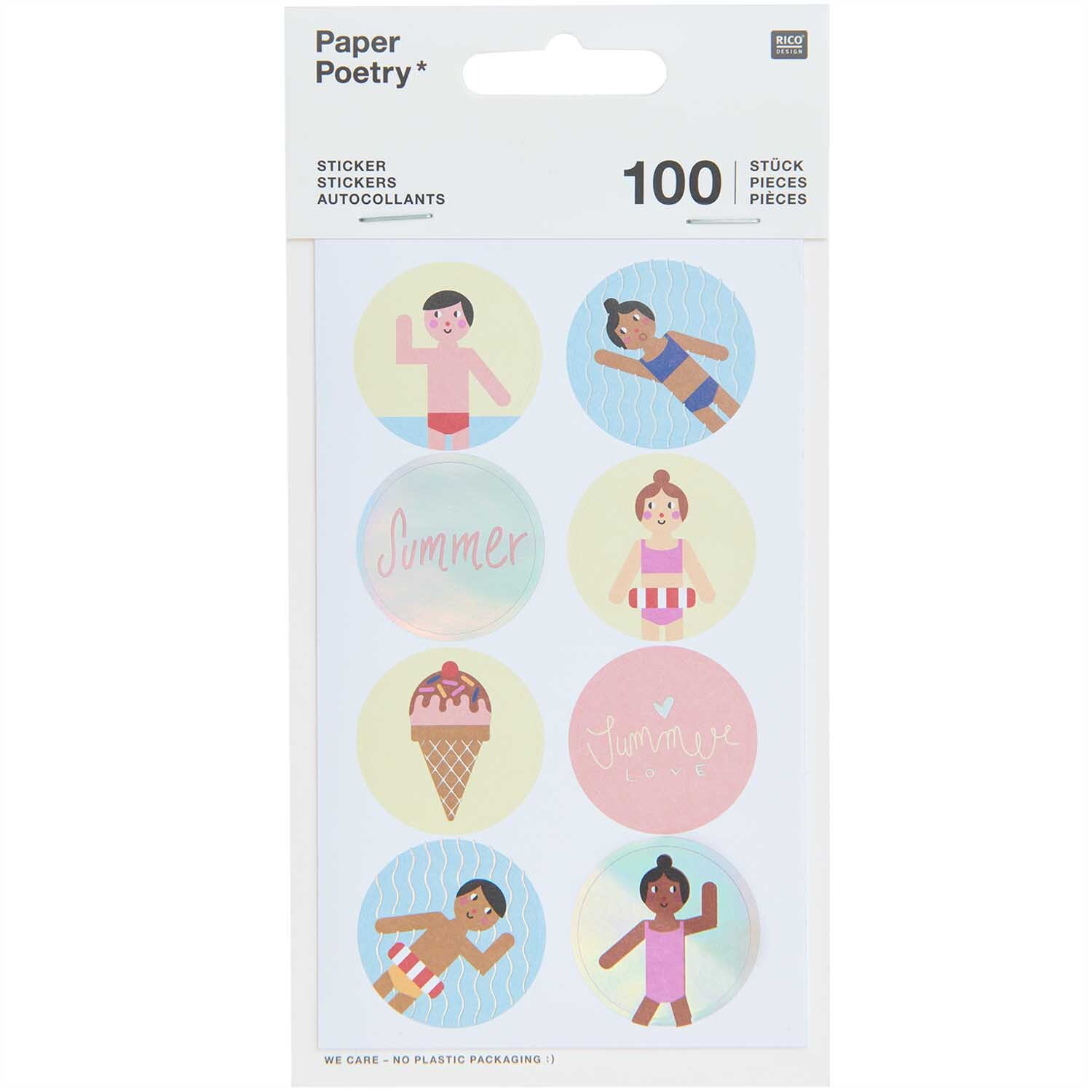 Paper Poetry Sticker Strand 4 Blatt zeigt bunte Sommermotive wie Eiscreme und schwimmende Figuren. Ideal für kreative Projekte.