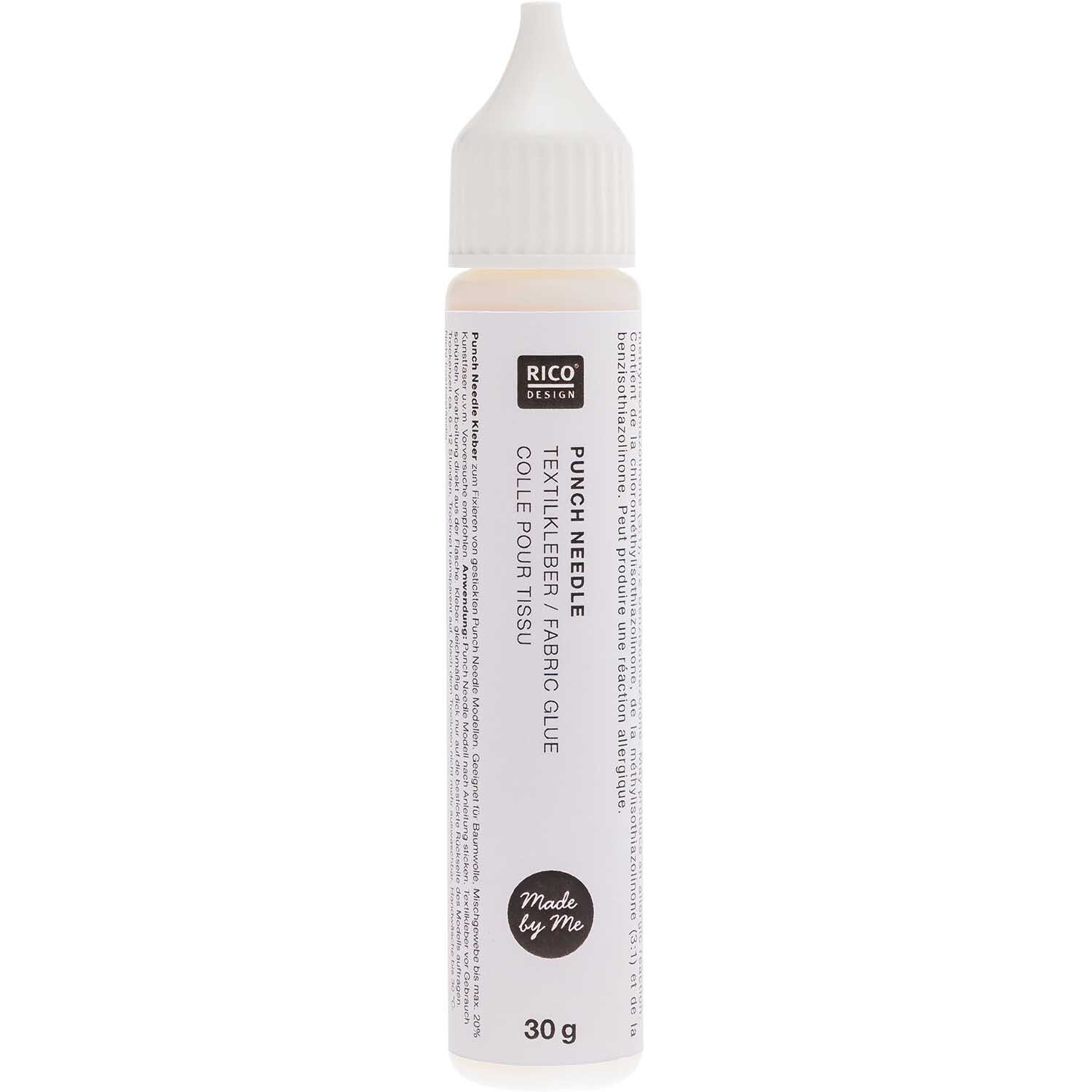 Punch Needle Textilkleber von Rico Design in einer weißen Flasche mit feiner Spitze, ideal für präzises Arbeiten.