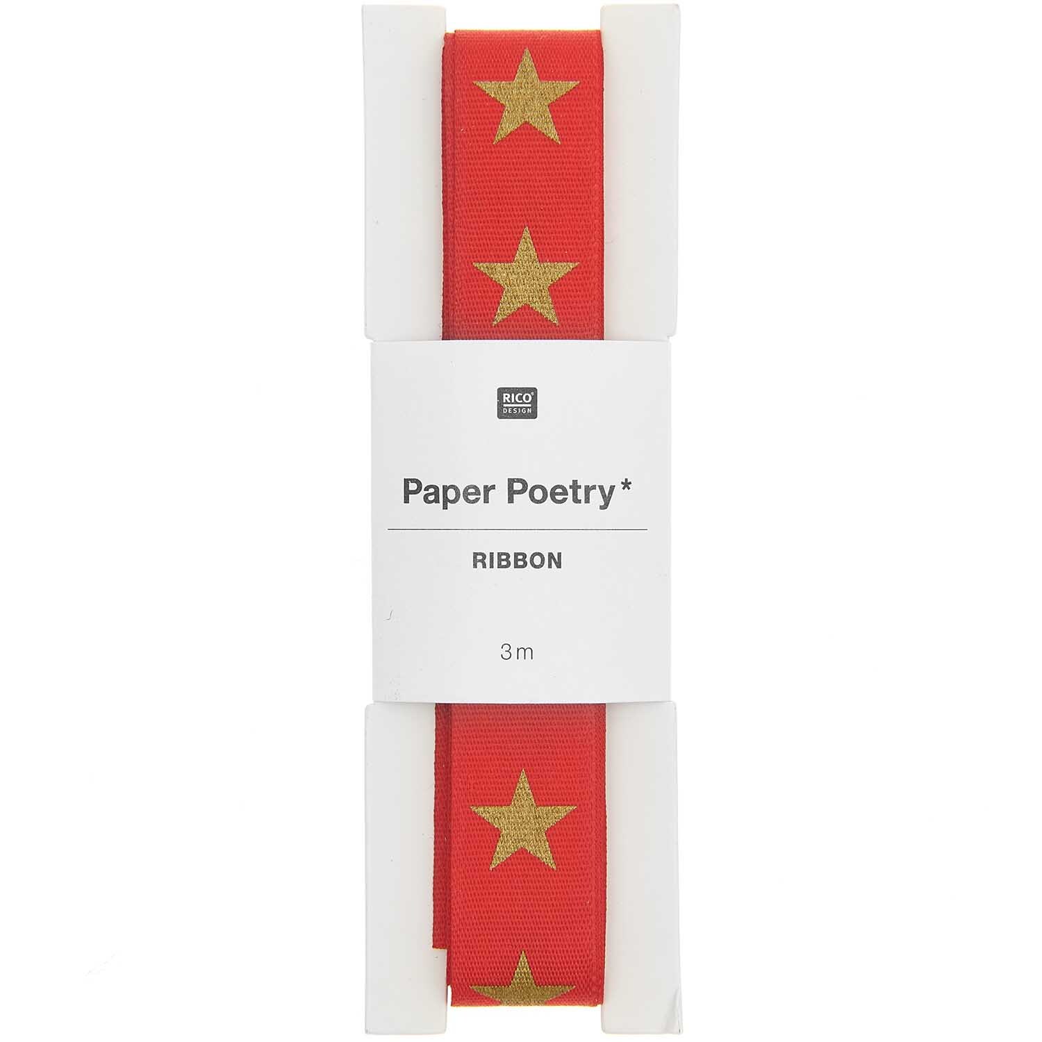 Paper Poetry Taftband Sterne 16mm 3m Farbe Rot Gold von Rico Design Paper Poetry Taftband mit goldenen Sternen auf rotem Hintergrund, 3m lang, von Rico Design.