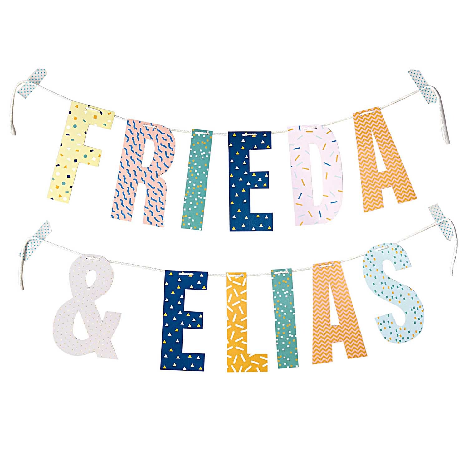 Buchstabe für Girlande 14cm Buchstabe Z von Rico Design Buchstabe für Girlande 14cm: Bunte Buchstaben von Rico Design bilden die Namen "Frieda & Elias" auf einer Girlande.