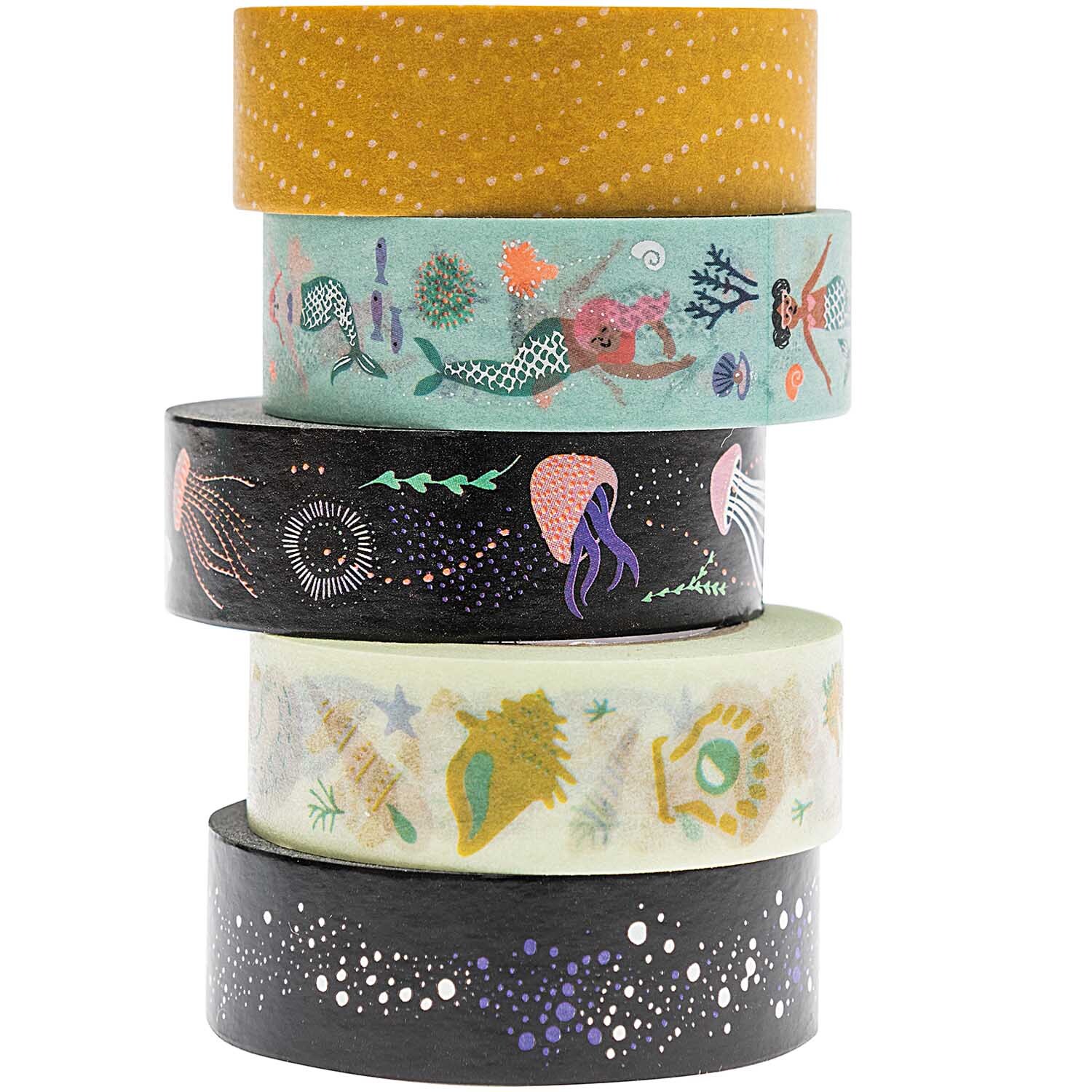 Paper Poetry Tape Set Mermaid: Fünf dekorative Klebebänder mit Meerjungfrauenmotiven in verschiedenen Farben. Ideal für kreative Projekte.