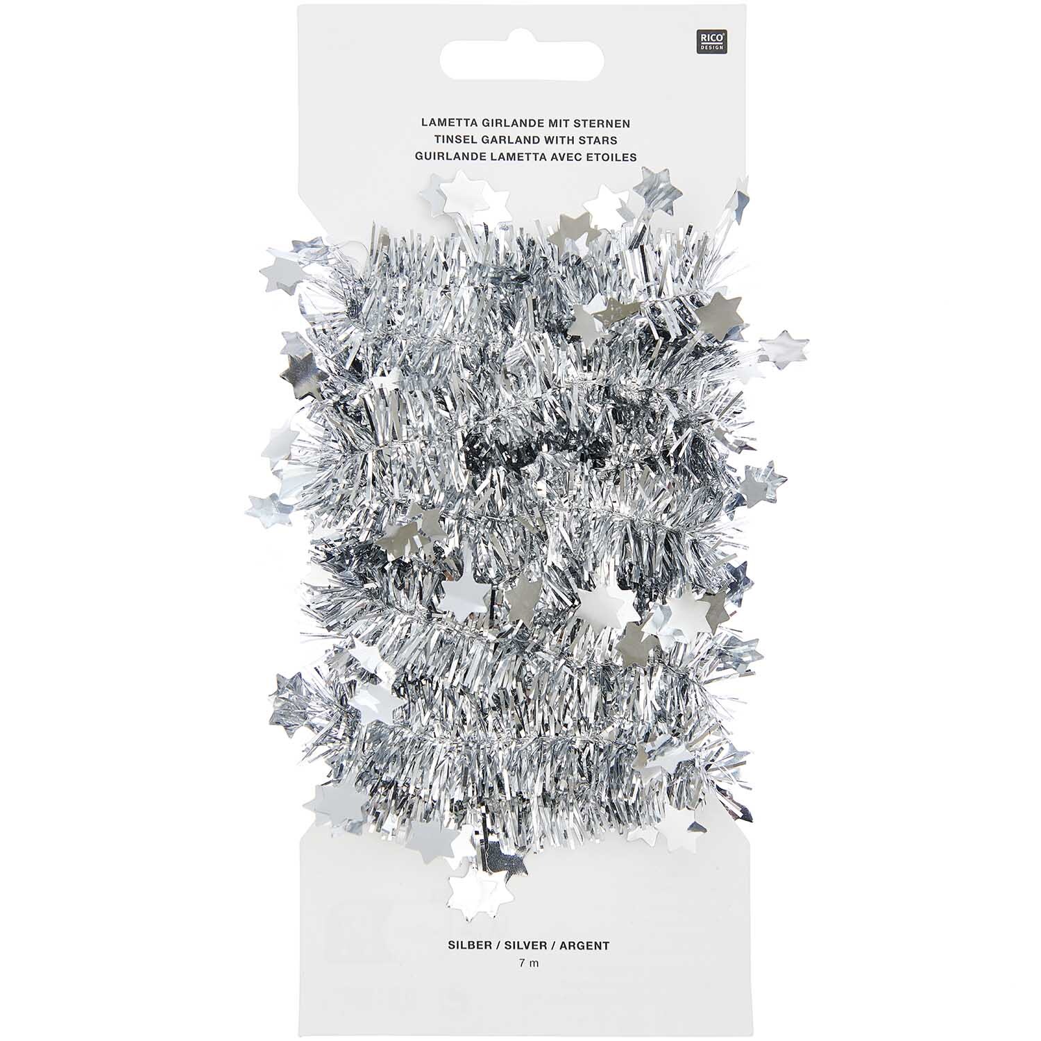Girlande Lametta mit Sternen 7m Farbe Silber von Rico Design Girlande Lametta mit Sternen 7m von Rico Design in Silber, dekorativ verpackt, ideal für festliche Anlässe.