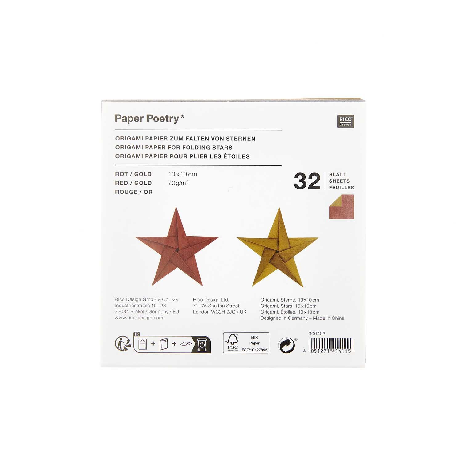 Paper Poetry Bascetta Origamipapier Rot-Gold, 32 Blatt, ideal zum Falten von Sternen, präsentiert in einer Verpackung von Rico Design.
