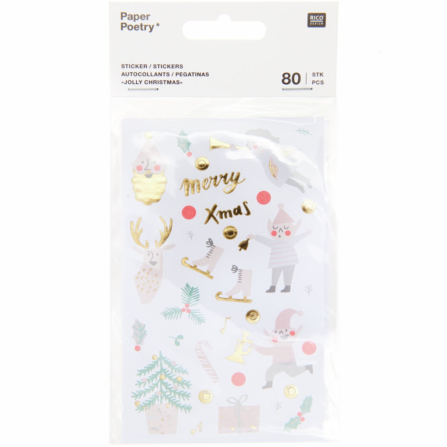 Paper Poetry Sticker Jolly Christmas pastell 4 Blatt mit weihnachtlichen Motiven und goldenen Akzenten. Ideal für kreative Bastelprojekte.