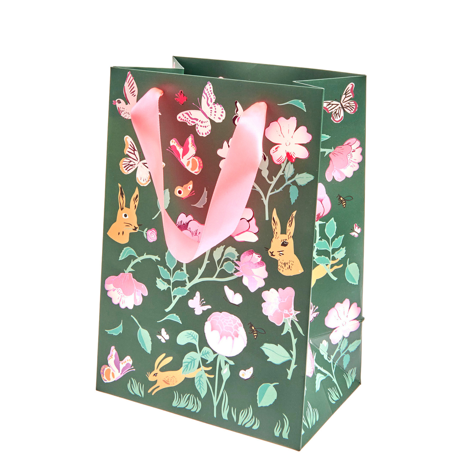 Geschenktüte Frühlingswiese M mit bunten Blumen, Schmetterlingen und Hasen auf grünem Hintergrund, von Rico Design.