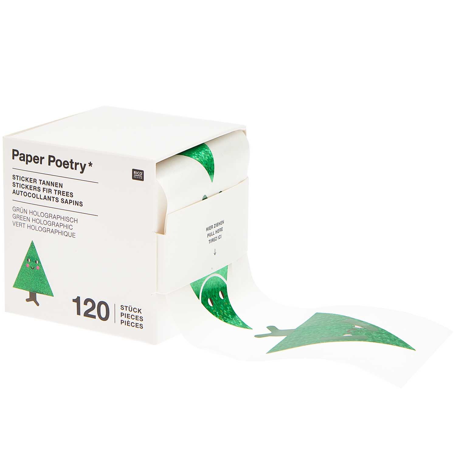 Paper Poetry Sticker Tannen 5x6cm 120 Stück auf der Rolle Hot Foil von Rico Design Paper Poetry Sticker Tannen auf Rolle, 120 Stück. Grüne Tannenbaum-Sticker in einer Box. Ideal für kreative Projekte und Dekorationen.