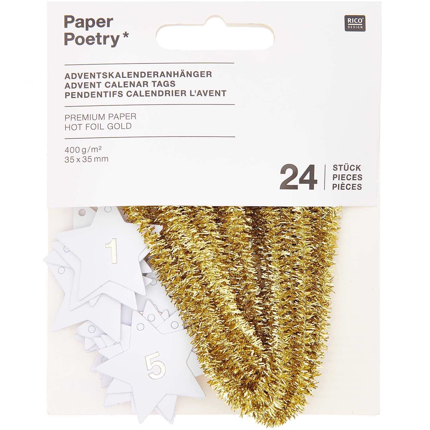 Paper Poetry Adventskalenderanhänger Sterne 24 Stück Farbe Weiß von Rico Design