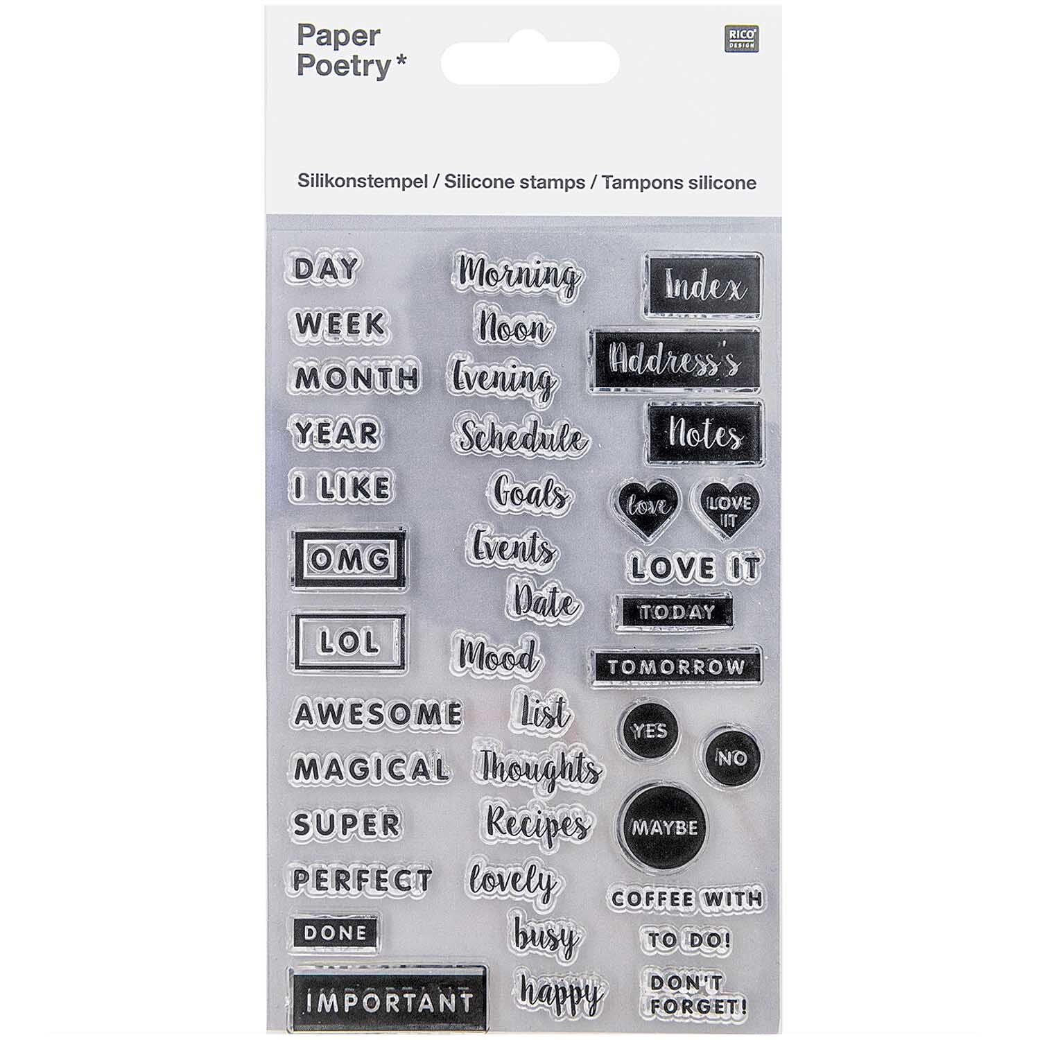 Paper Poetry Silikonstempel-Set Bullet Diary Notizen mit verschiedenen englischen Wörtern und Symbolen, ideal für kreative Planer und Journals.