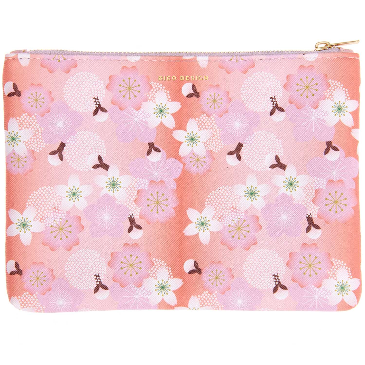 Etui Kirschblüten orange 20x15cm von Rico Design mit zartem Kirschblütenmuster auf orangefarbenem Hintergrund.