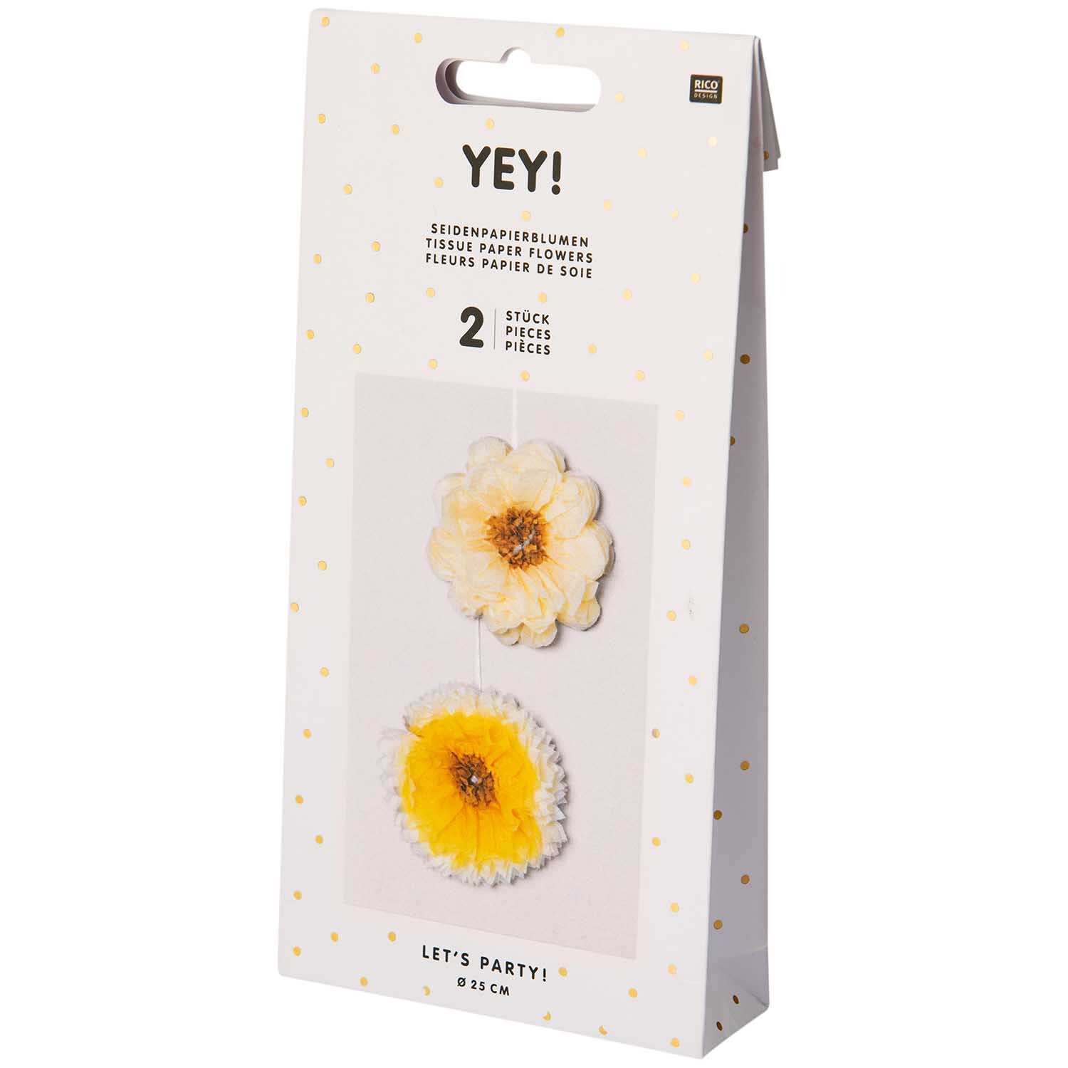 Seidenpapierblumen 25cm 2 Stück von Rico Design in Gelb, verpackt in einer weißen Box mit zwei dekorativen Blumen.