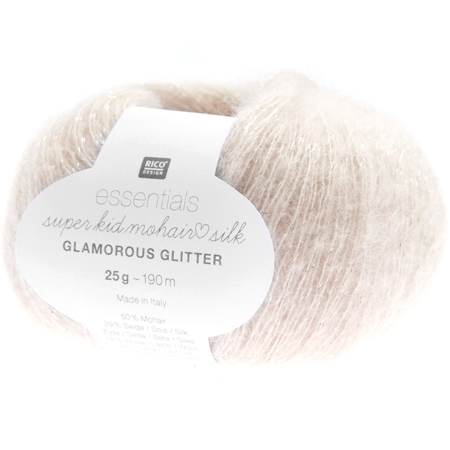 Essentials Super Kid Mohair Loves Silk Glamorous Glitter 25g 190m Couleur Nature from Rico Design Essentials Super Kid Mohair Loves Silk Glamorous Glitter: Weiches, glänzendes Garnknäuel von Rico Design in Naturtönen, ideal für Strickprojekte.
