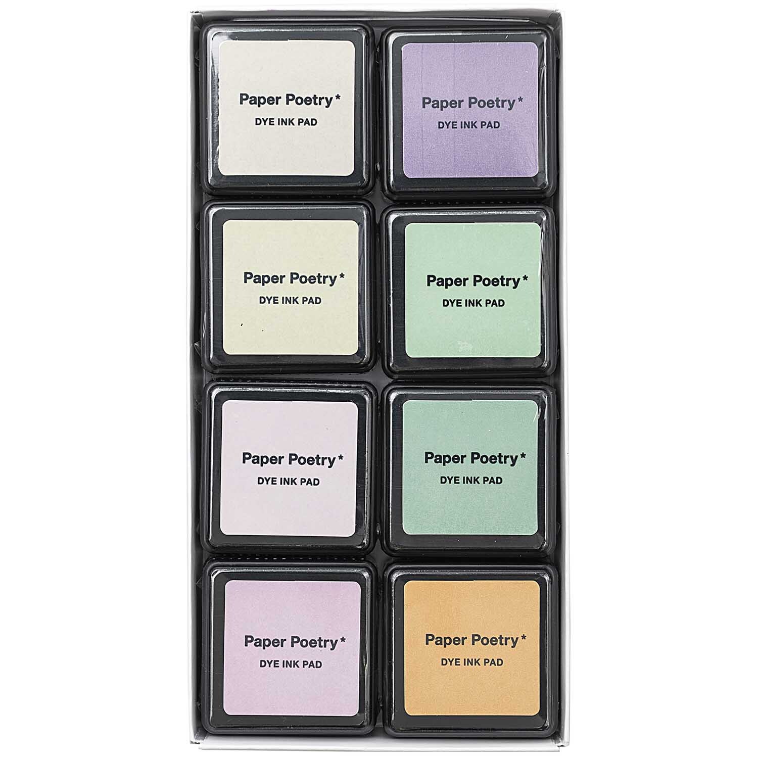 Paper Poetry Tusche-Stempelkissen Set mit acht pastellfarbenen Kissen von Rico Design in einer schwarzen Box.