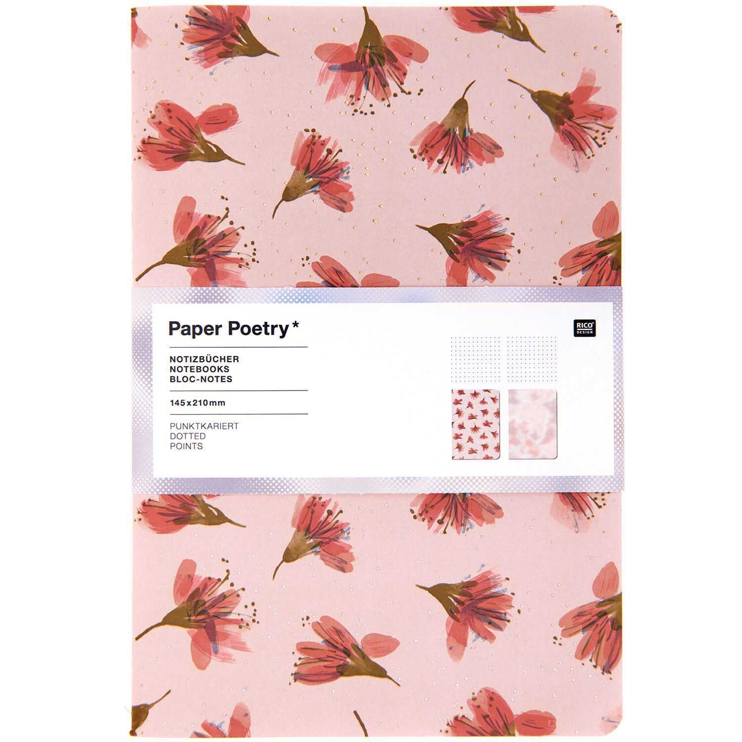 Paper Poetry Notizbücher A5 mit Kirschblütenmuster, 2 Stück. Rosa Hintergrund, von Rico Design. Ideal für kreative Notizen.