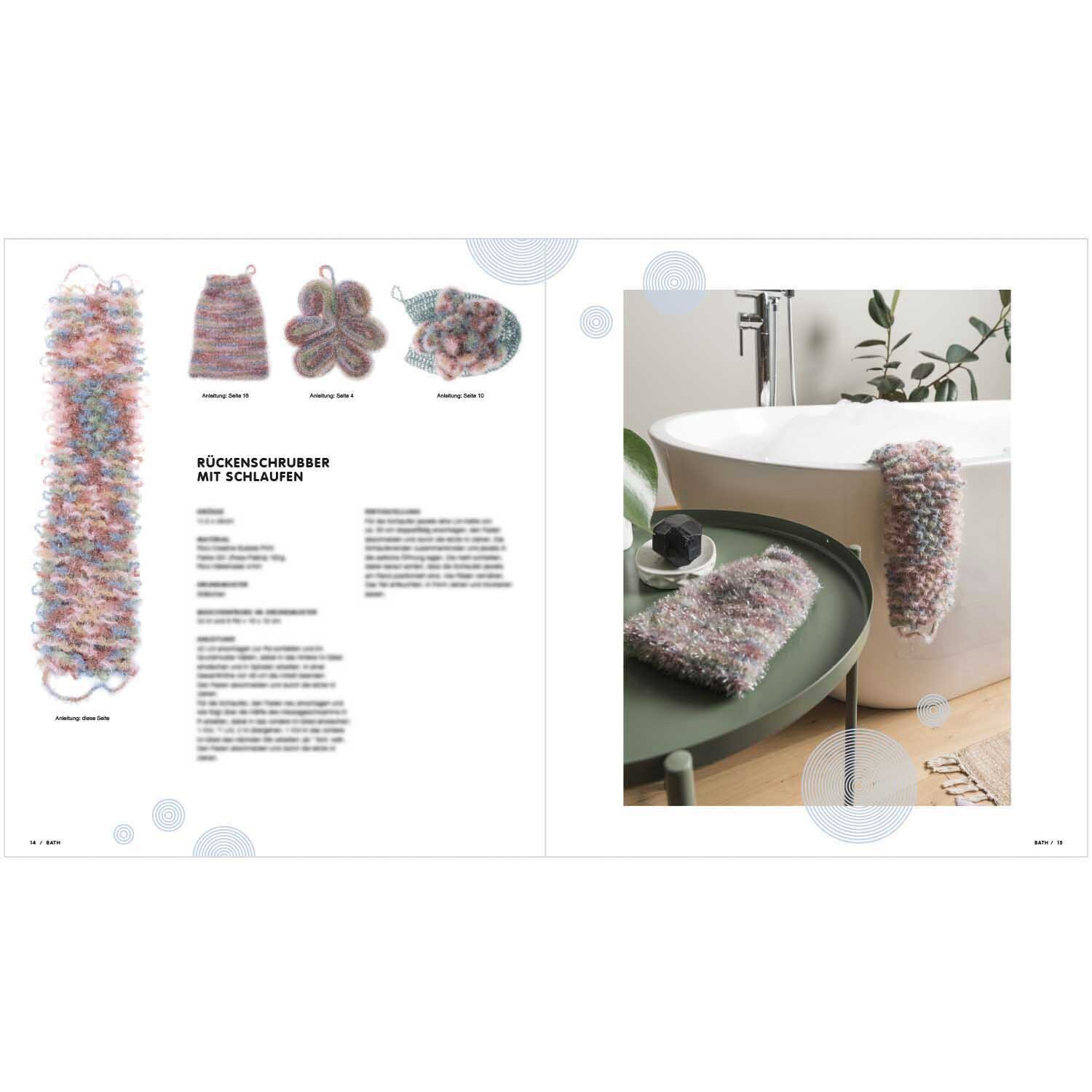 Creative Bubble - Bubble Bath: Badewanne mit Pflanzen, weiches Handtuch von Rico Design auf grünem Tisch.
