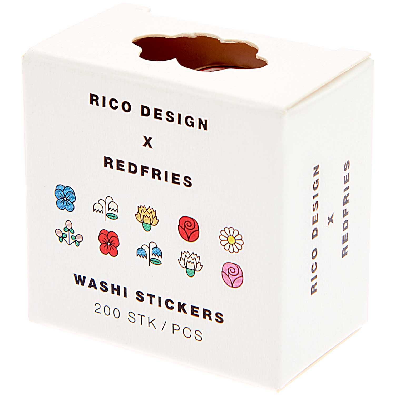 Rico Design x Redfries Washi Sticker Eye Candy 200 Stück von Rico Design Rico Design x Redfries Washi Sticker Eye Candy: Weiße Box mit bunten Blumenstickern, 200 Stück.