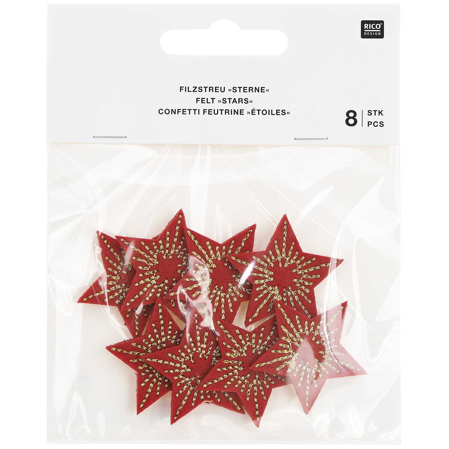 Filzstreu Sterne bestickt 3,5x3,3cm 8 Stück Farbe Rot-Gold von Rico Design Filzstreu Sterne bestickt 3,5x3,3cm 8 Stück von Rico Design in Rot-Gold, dekorativ verpackt.