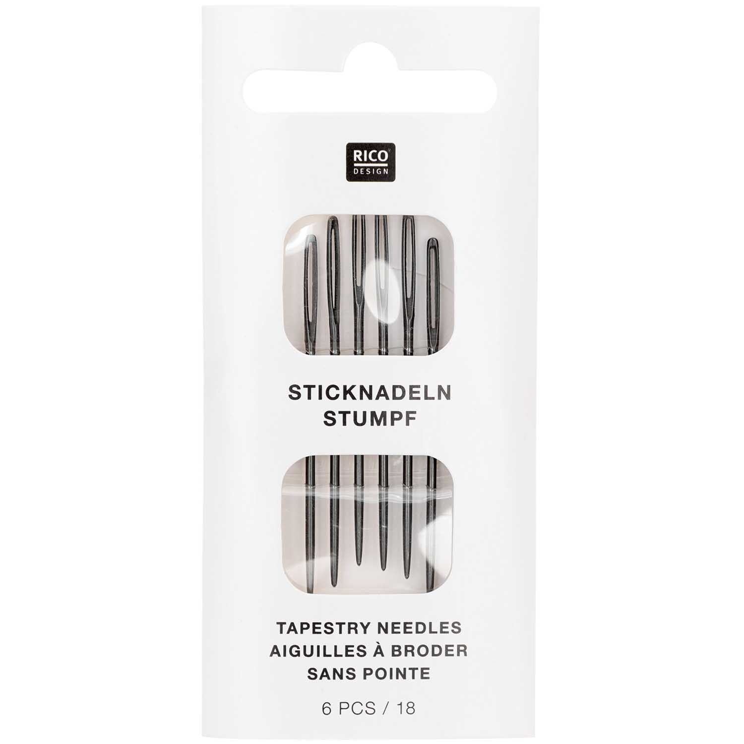 Sticknadeln stumpf 6 Stück von Rico Design in einer weißen Verpackung mit Sichtfenster, ideal für Handarbeiten.