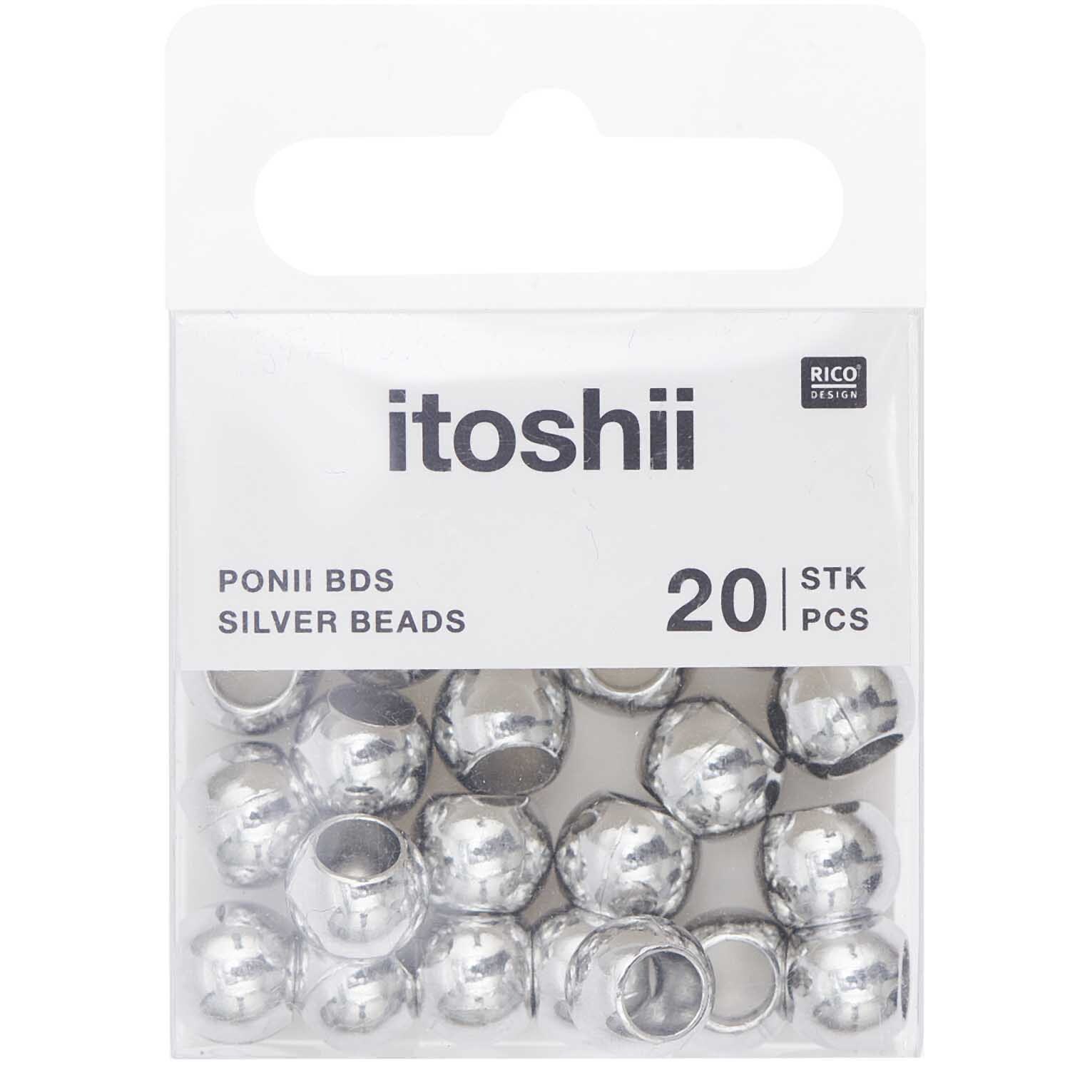 itoshii - Ponii Beads Perlen 9x7mm 20 Stück Farbe Silber von Rico Design Itoshii - Ponii Beads Perlen 9x7mm, 20 Stück. Silberne Perlen von Rico Design in einer transparenten Verpackung.