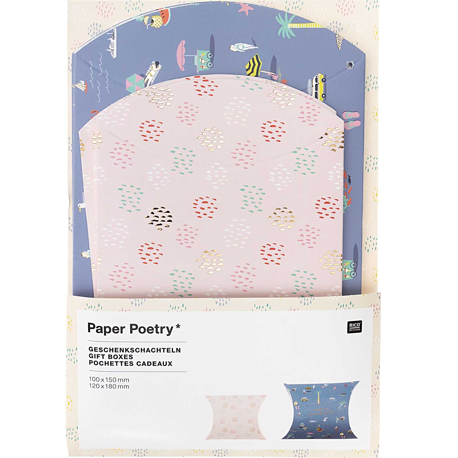 Paper Poetry Geschenkschachteln Maritim, 6 Stück, mit maritimen Mustern in Blau und Rosa von Rico Design. Ideal für Geschenke.
