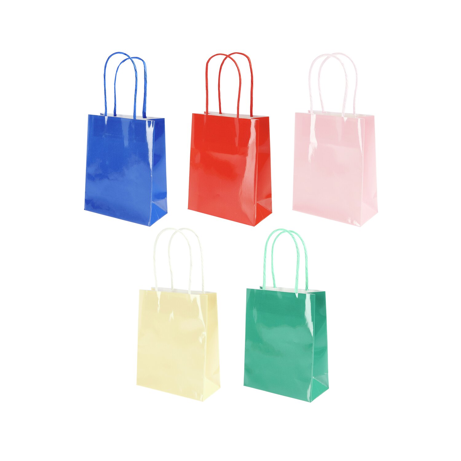 Papiertüten Set Magic Rainbow S: Fünf bunte Tüten von Rico Design in Blau, Rot, Rosa, Gelb und Grün.
