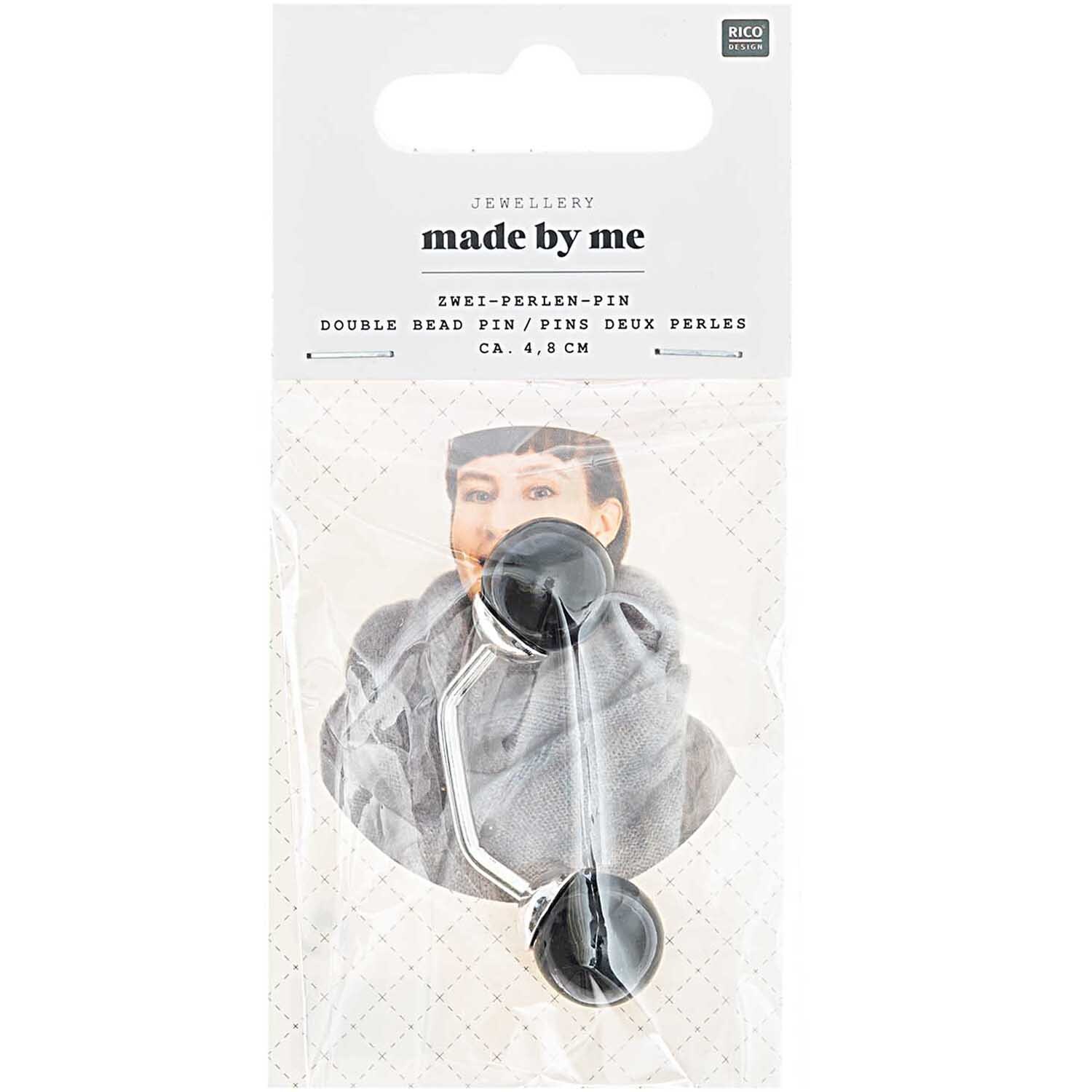 Zwei-Perlen-Pin 48mm 1 Stück Farbe Schwarz von Rico Design Zwei-Perlen-Pin 48mm von Rico Design in Schwarz, präsentiert in einer transparenten Verpackung.