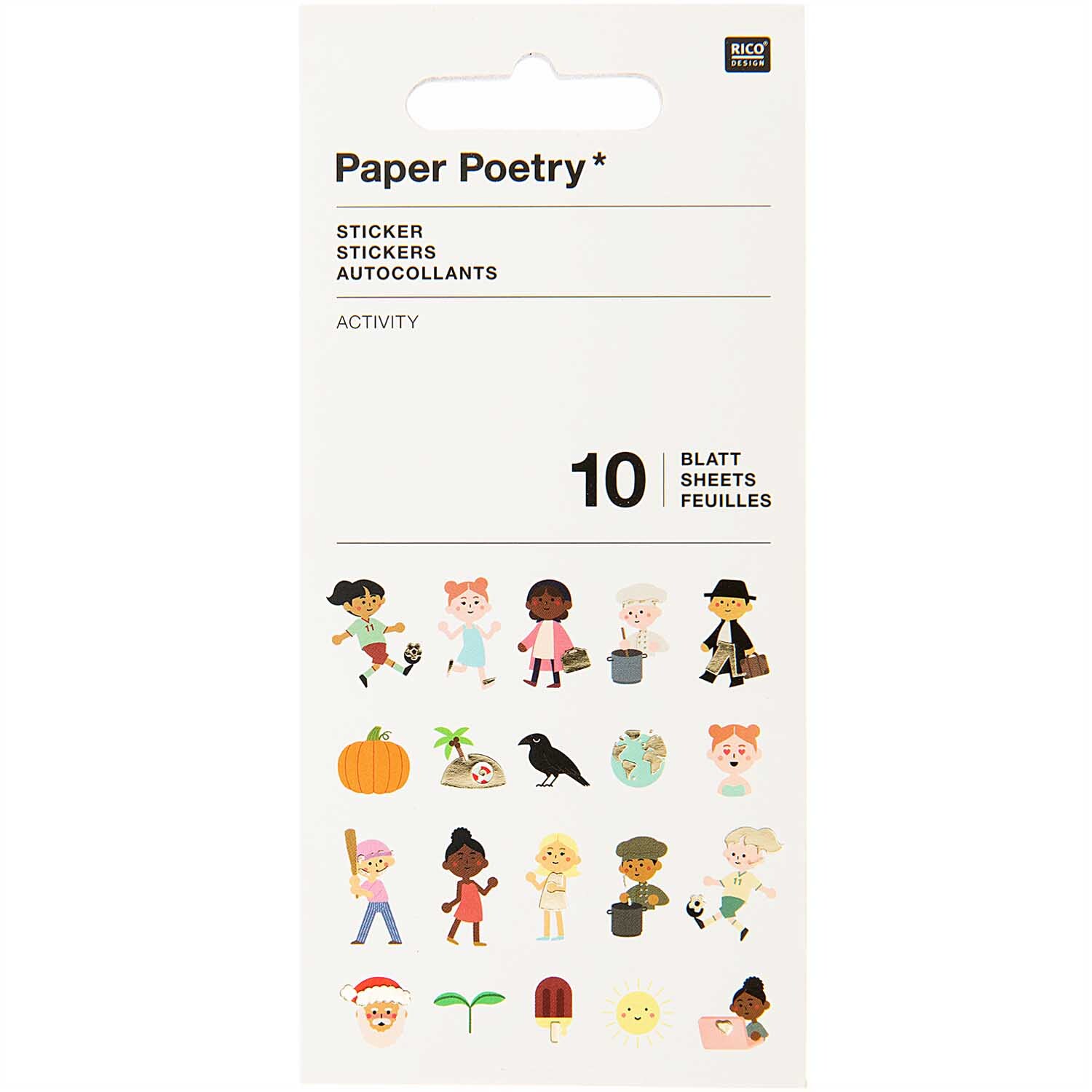Paper Poetry Stickerbuch Activity 10 Blatt zeigt bunte Figuren und Objekte von Rico Design.