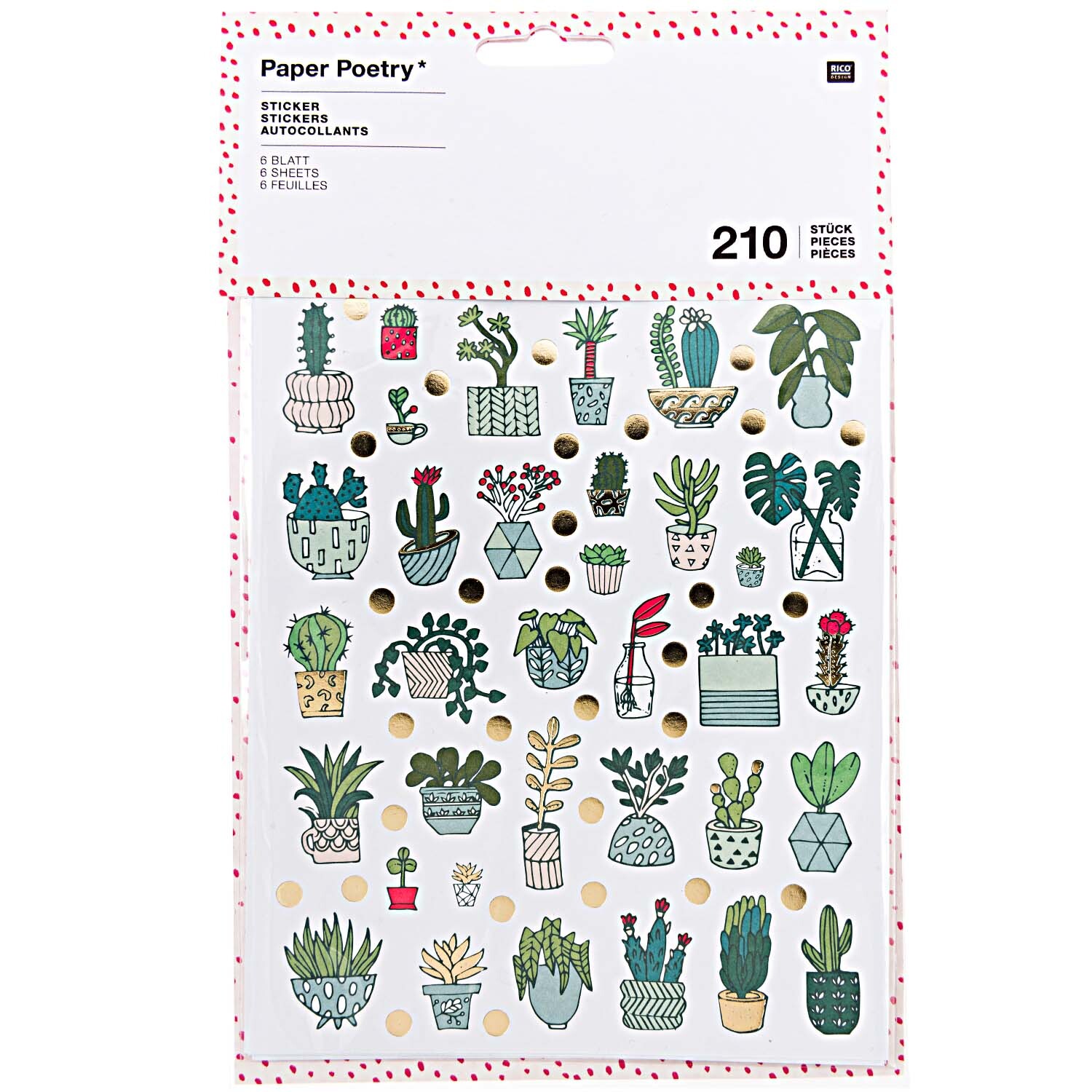 Paper Poetry Sticker Hygge Plants zeigt 210 mehrfarbige Pflanzensticker von Rico Design auf sechs Blättern.