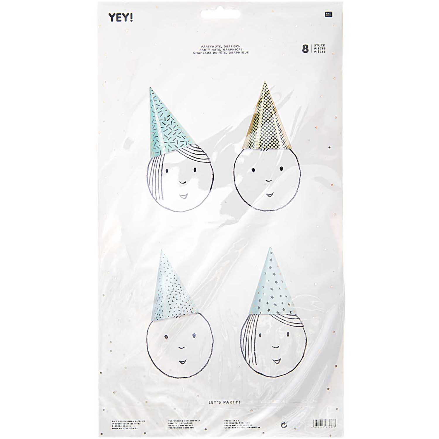 Partyhüte grafische Muster 20cm 8 Stück von Rico Design Partyhüte grafische Muster 20cm 8 Stück, illustriert mit Gesichtern, in bunten Designs von Rico Design.