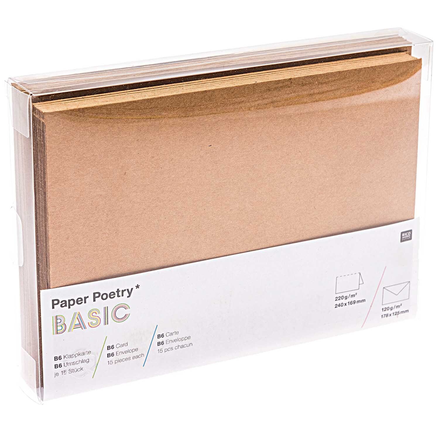 Paper Poetry Kartenset Basic Kraftpapier B6/B6, 30-teilig, in Braun von Rico Design, in transparenter Verpackung. Ideal für kreative Projekte.