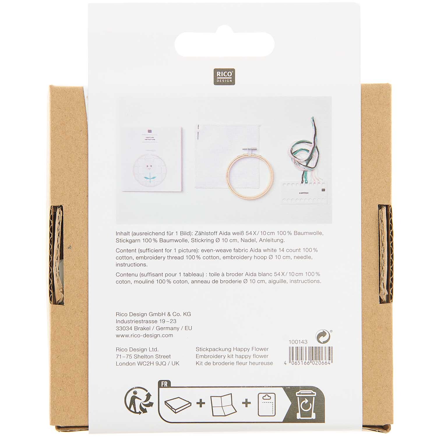 Kit de broderie Happy Flower from Rico Design Stickpackung Happy Flower von Rico Design, zeigt Verpackung mit Stickzubehör und Anleitung.