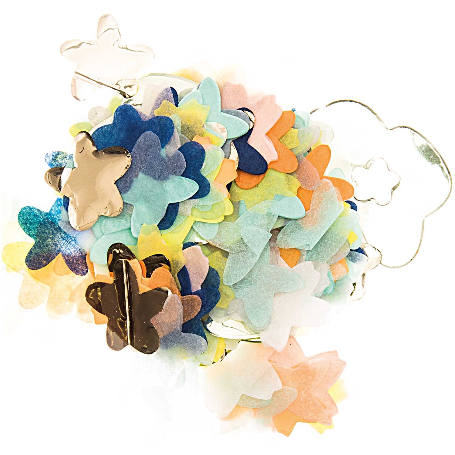Konfetti Blüten blau Mix 20g von Rico Design zeigt bunte, sternförmige Papierblüten in verschiedenen Farben.