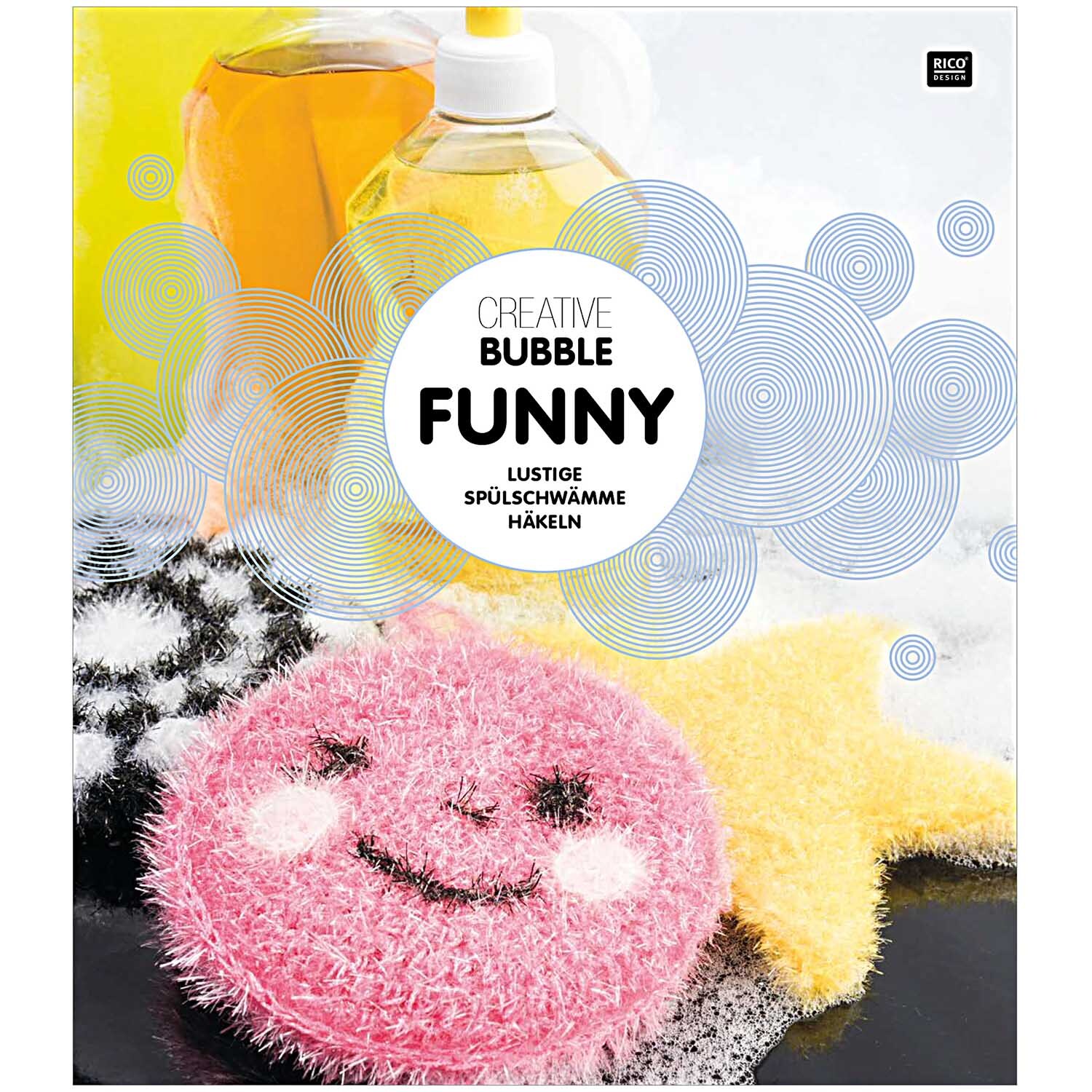 Creative Bubble Funny International: Bunte Spülschwämme in Stern- und Kreisform von Rico Design, ideal zum Häkeln und Reinigen.