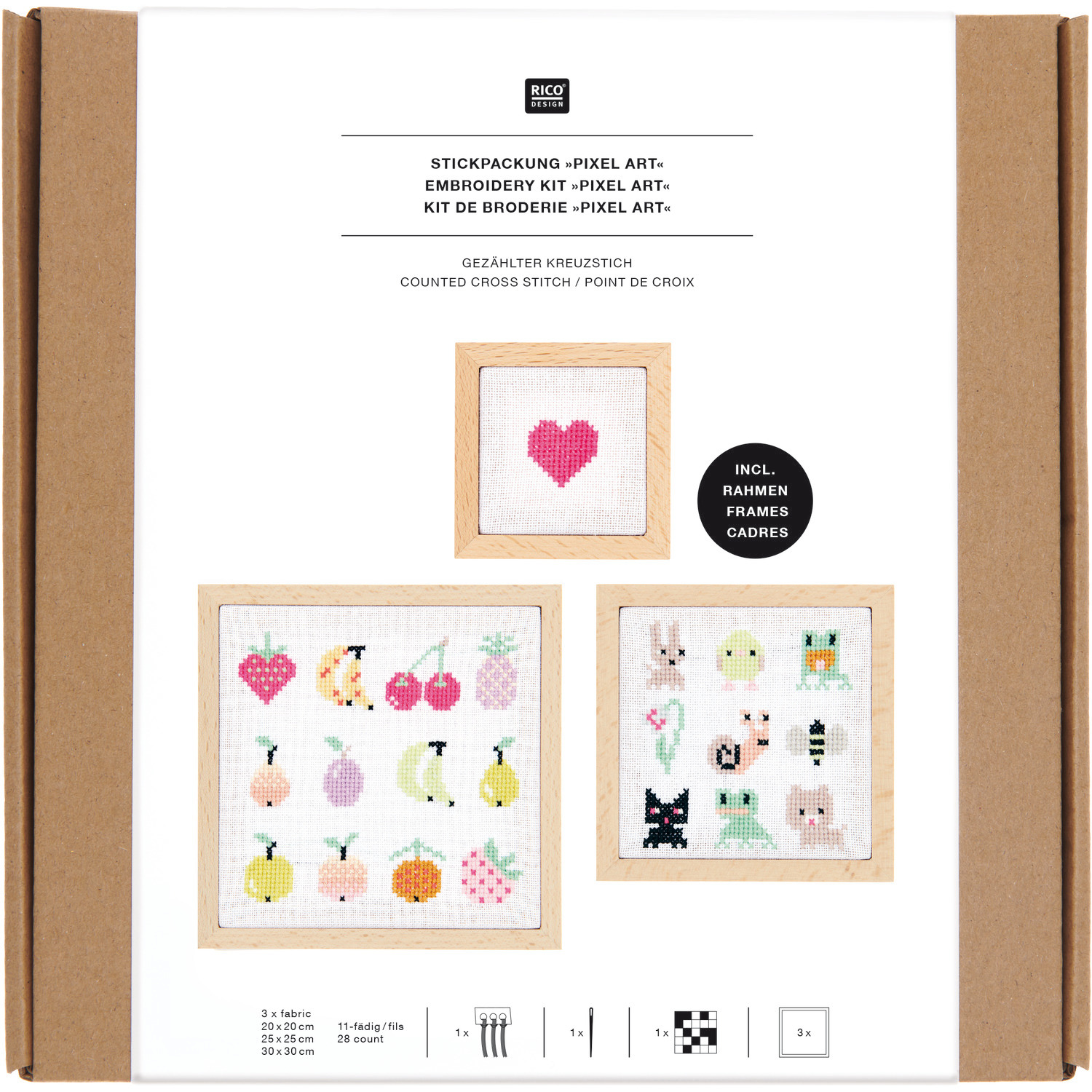 Kit de broderie Pixel Art 3 pièces 11x11cm from Rico Design Stickpackung Pixel Art 3er Set von Rico Design zeigt bunte Kreuzstichmotive auf 11x11cm Stoff.