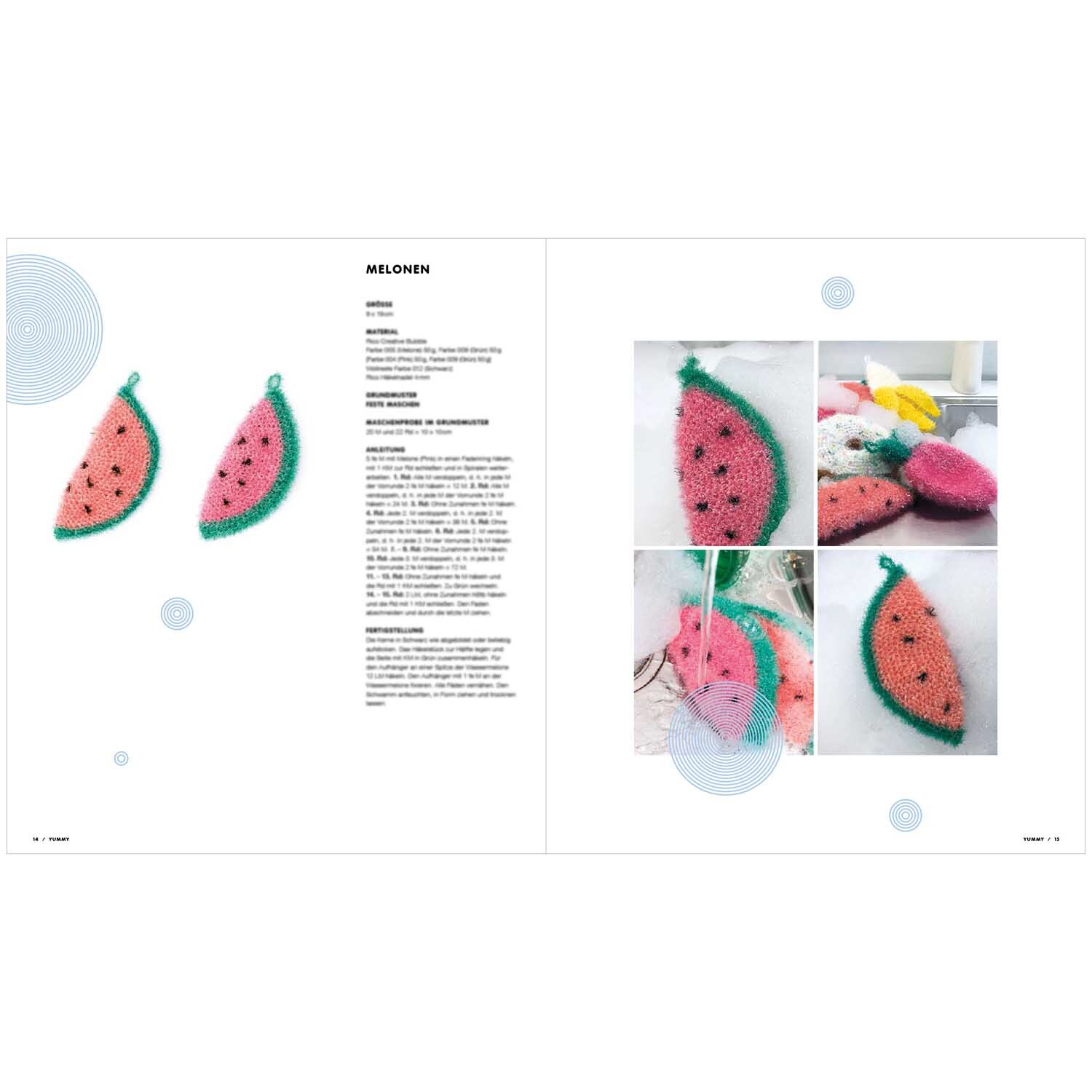 Creative Bubble Yummy - lustige Spülschwämme häkeln: Melonenförmige Schwämme in Rosa und Grün von Rico Design, ideal für kreative Küchen.
