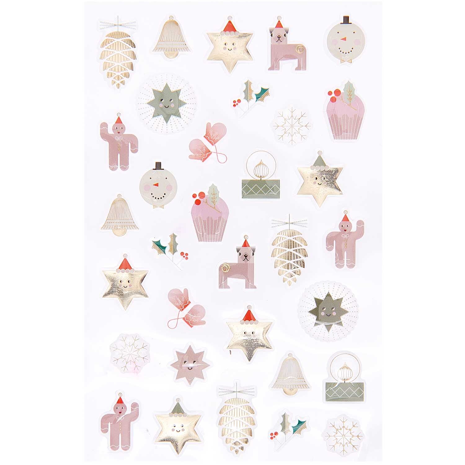 Paper Poetry Gelsticker I love Christmas: Festliche Sticker mit Sternen, Rentieren und Glocken von Rico Design auf einem Blatt.