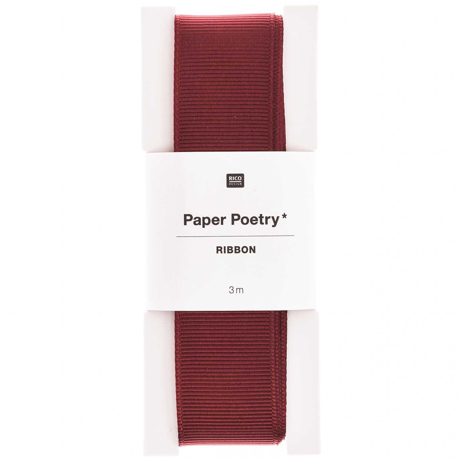 Paper Poetry Ripsband 25mm 3m Farbe Dunkelrot von Rico Design Paper Poetry Ripsband in Dunkelrot, 25mm breit und 3m lang, von Rico Design, auf weißem Hintergrund.