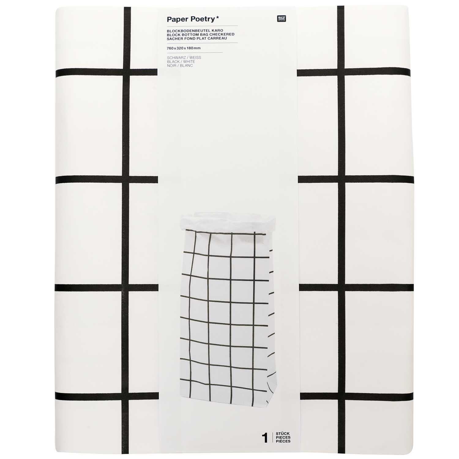Paper Poetry Maxi-Blockbodenbeutel XL Karo 76x32x18cm 1 Stück Farbe Schwarz-Weiß von Rico Design Paper Poetry Maxi-Blockbodenbeutel XL mit Karo-Muster in Schwarz-Weiß, 76x32x18cm, 1 Stück. Ideal für stilvolle Aufbewahrung.