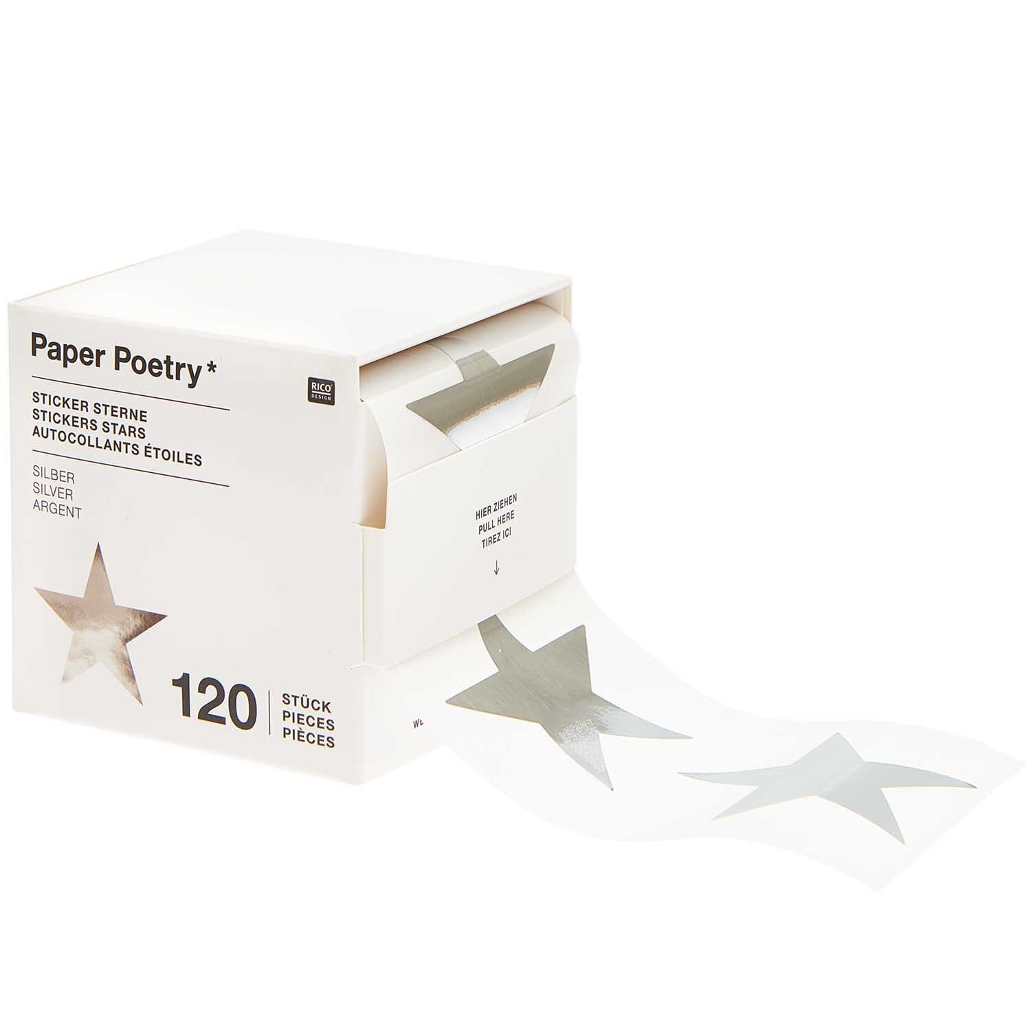 Paper Poetry Sticker Sterne 5cm 120 Stück auf der Rolle Hot Foil Farbe Silber von Rico Design Paper Poetry Sticker Sterne, 120 Stück auf Rolle, silberne Sterne von Rico Design, ideal für kreative Projekte.