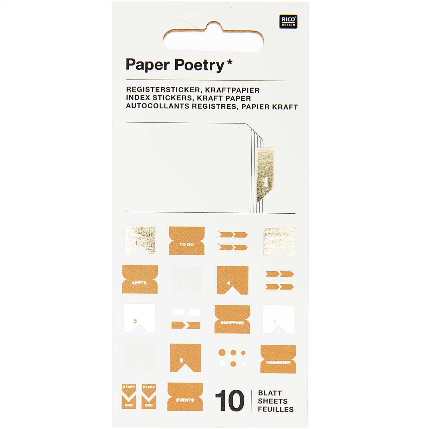Paper Poetry Stickerbuch mit 10 Blättern aus Kraftpapier, zeigt verschiedene Registersticker in Mehrfarbig von Rico Design.