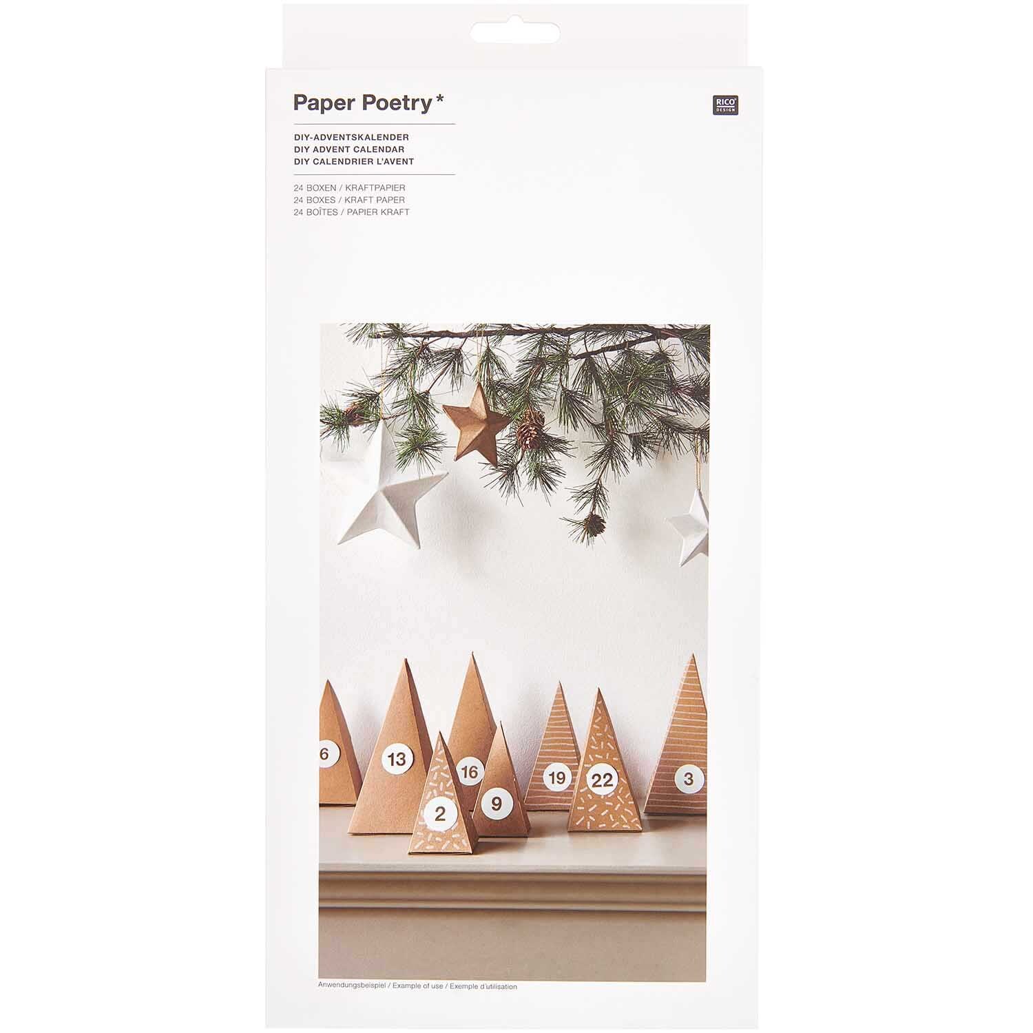 Paper Poetry Adventskalender Bäume 24 Stück Farbe Kraftpapier von Rico Design Paper Poetry Adventskalender Bäume aus Kraftpapier, 24 Stück. Dekorative Tannenbaum-Formen unter Tannenzweigen. Ideal für festliche Dekorationen.