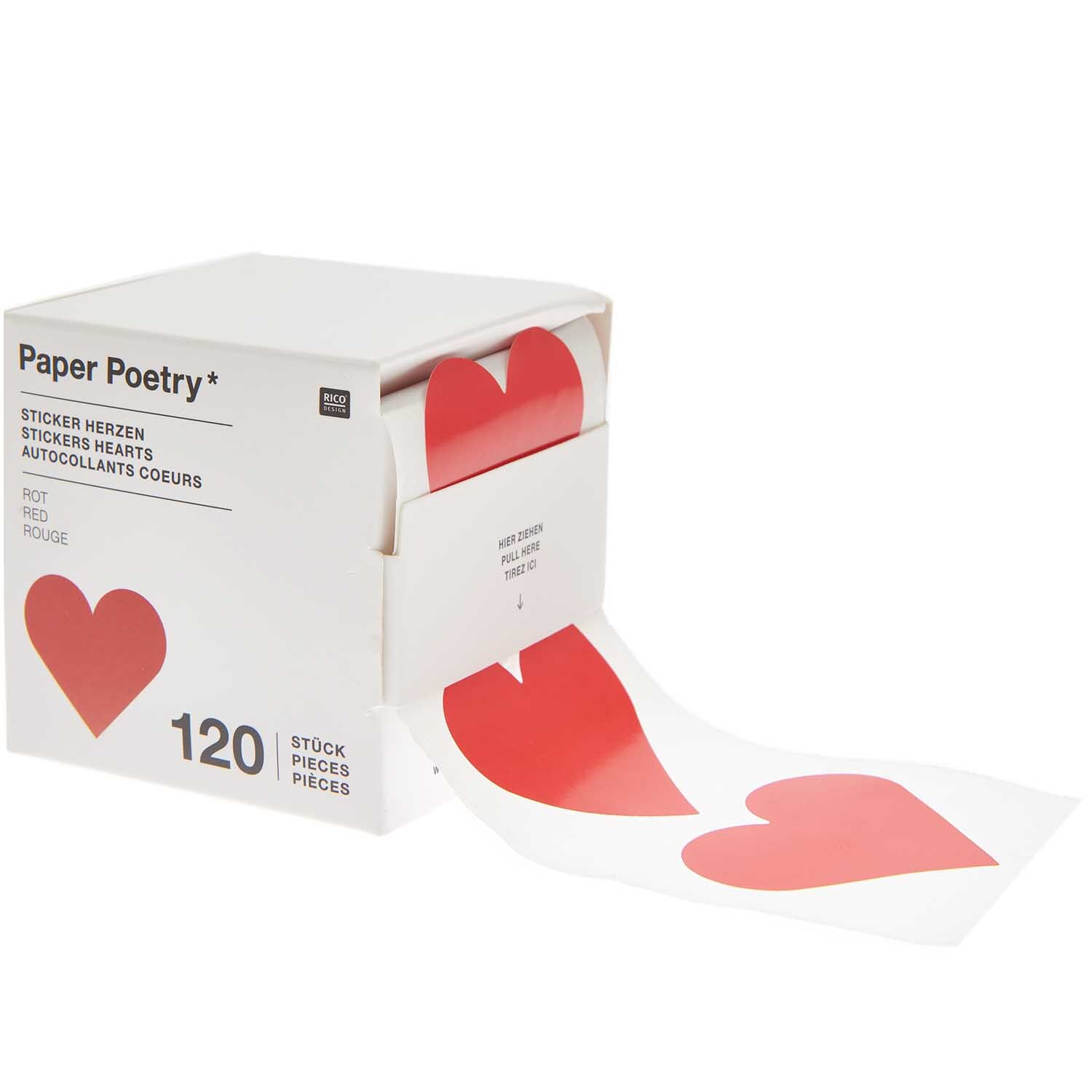 Paper Poetry Sticker Herzen 5cm 120 Stück auf der Rolle Farbe Rot von Rico Design Paper Poetry Sticker Herzen 5cm, 120 Stück auf Rolle, zeigen rote Herzsticker von Rico Design.